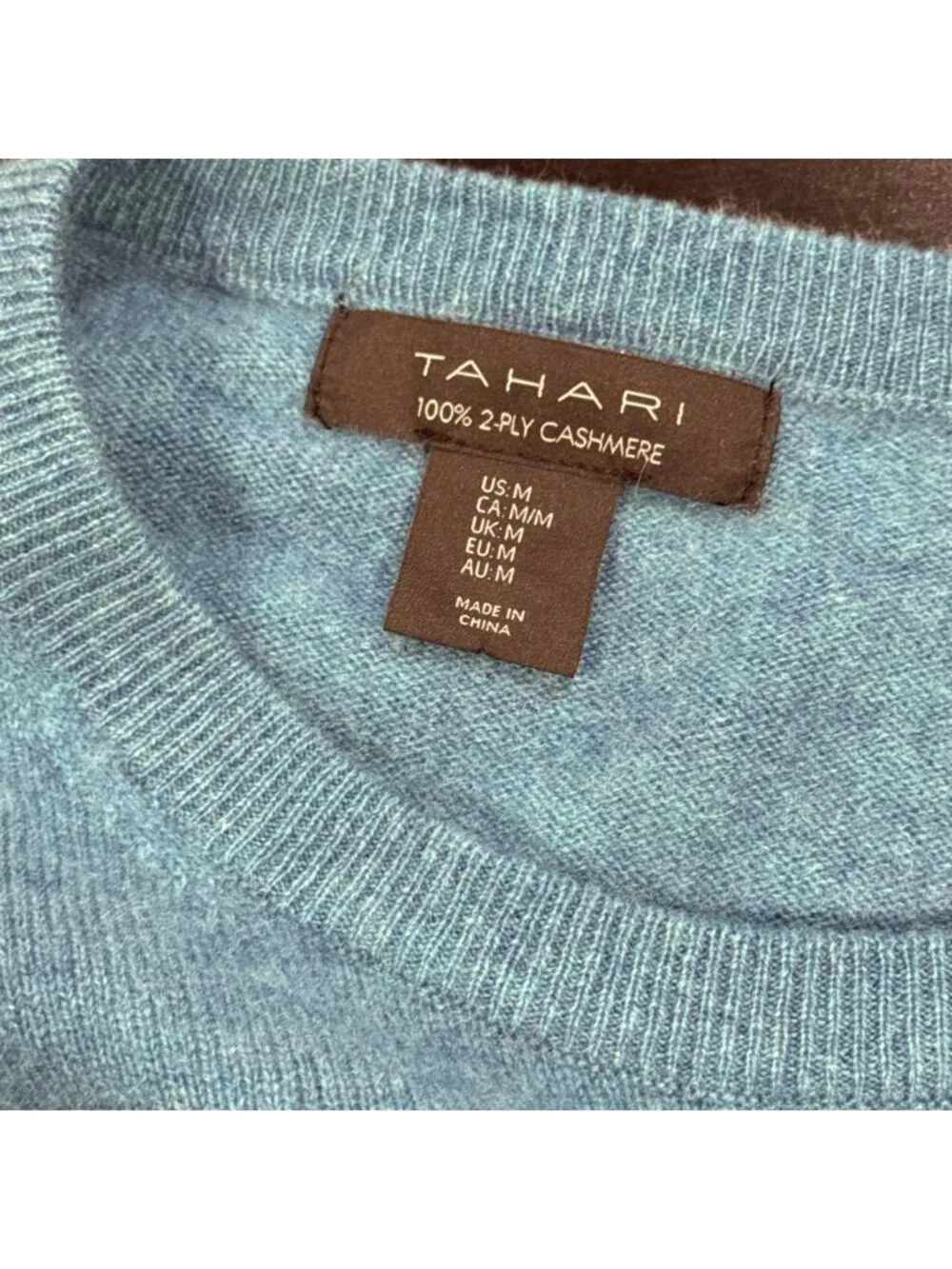 Tahari 100% Cashmere sz M Blue 2-Ply Crewneck Split Hem Womens Sweater